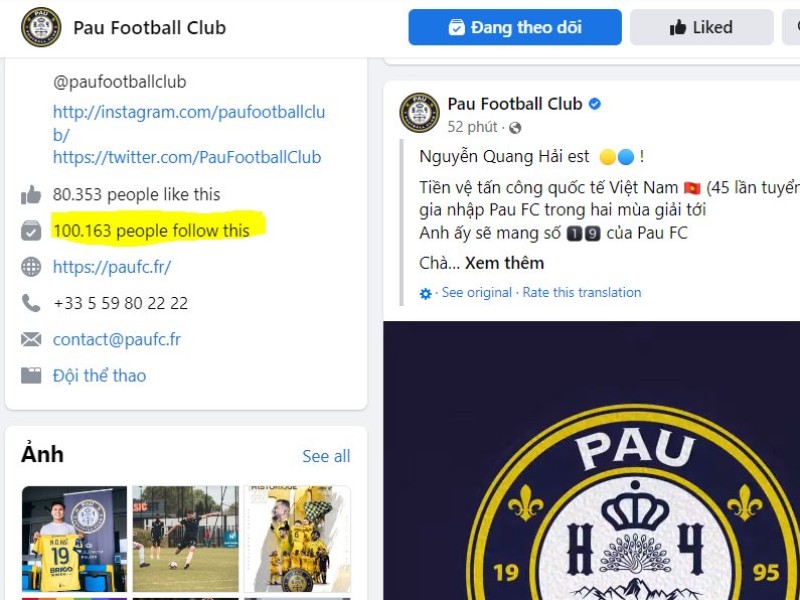 Quang Hải giúp fb Pau FC tăng hơn 100.000 người theo dõi