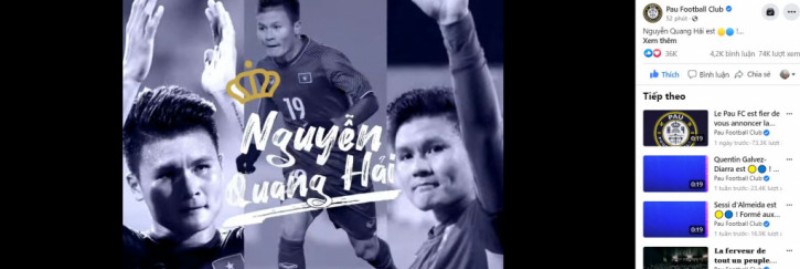 Quang Hải giúp fb Pau FC tăng hơn 100.000 người theo dõi