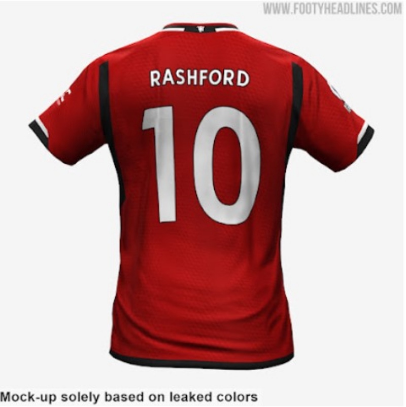 Hình ảnh mô phỏng về chiếc áo đấu sân nhà của Manchester United mùa 2023/24 với số 10 Marcus Rashford